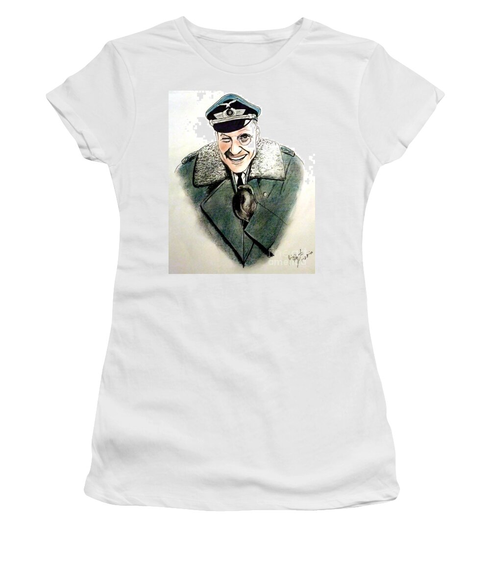 Col Klink Women's T-Shirt featuring the drawing Werner Klemperer as Col Klink on Hogans Heroes  by Jim Fitzpatrick
