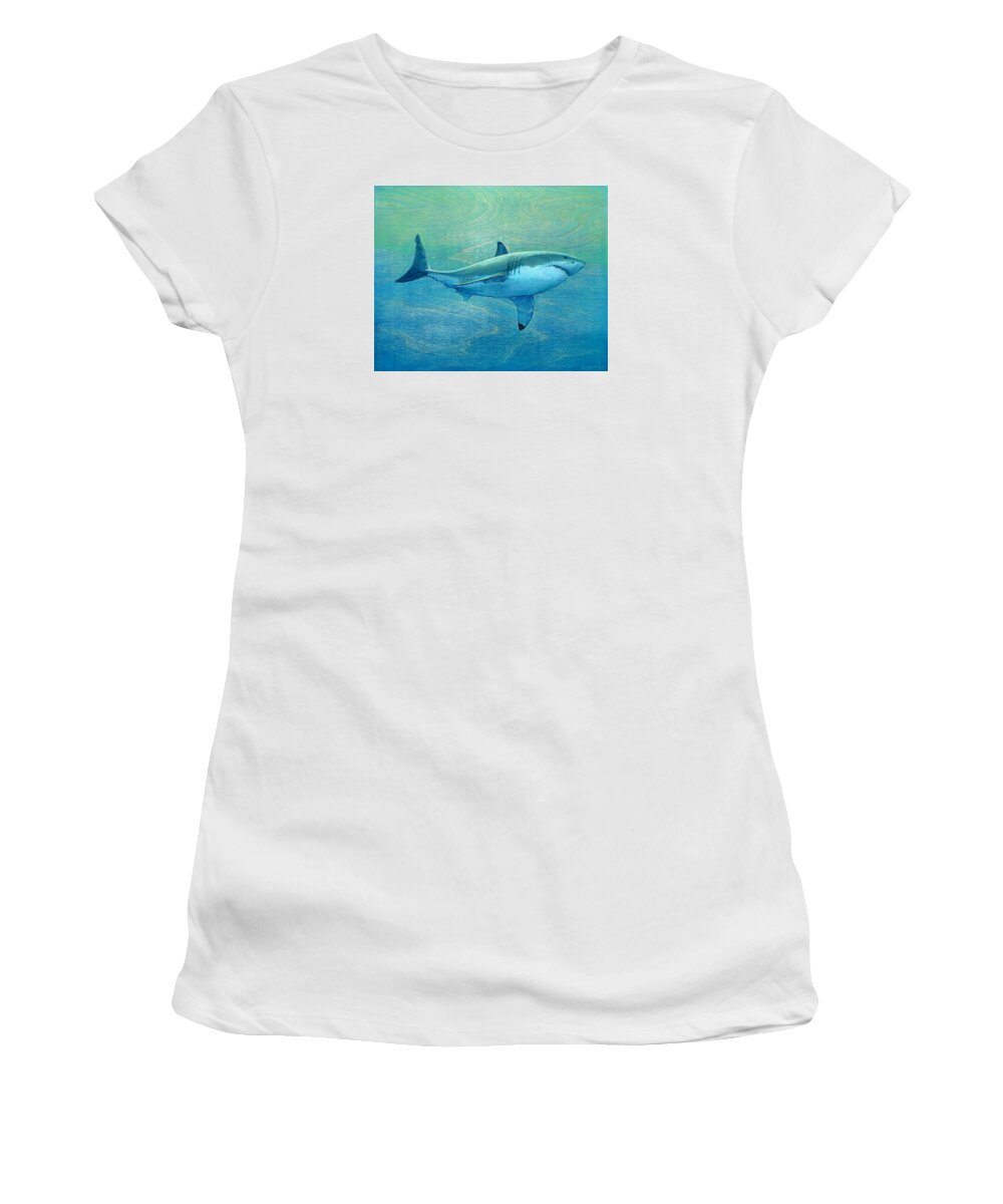  Shark Paintings Women's T-Shirt featuring the painting What Lurks Below by Nathan Ledyard