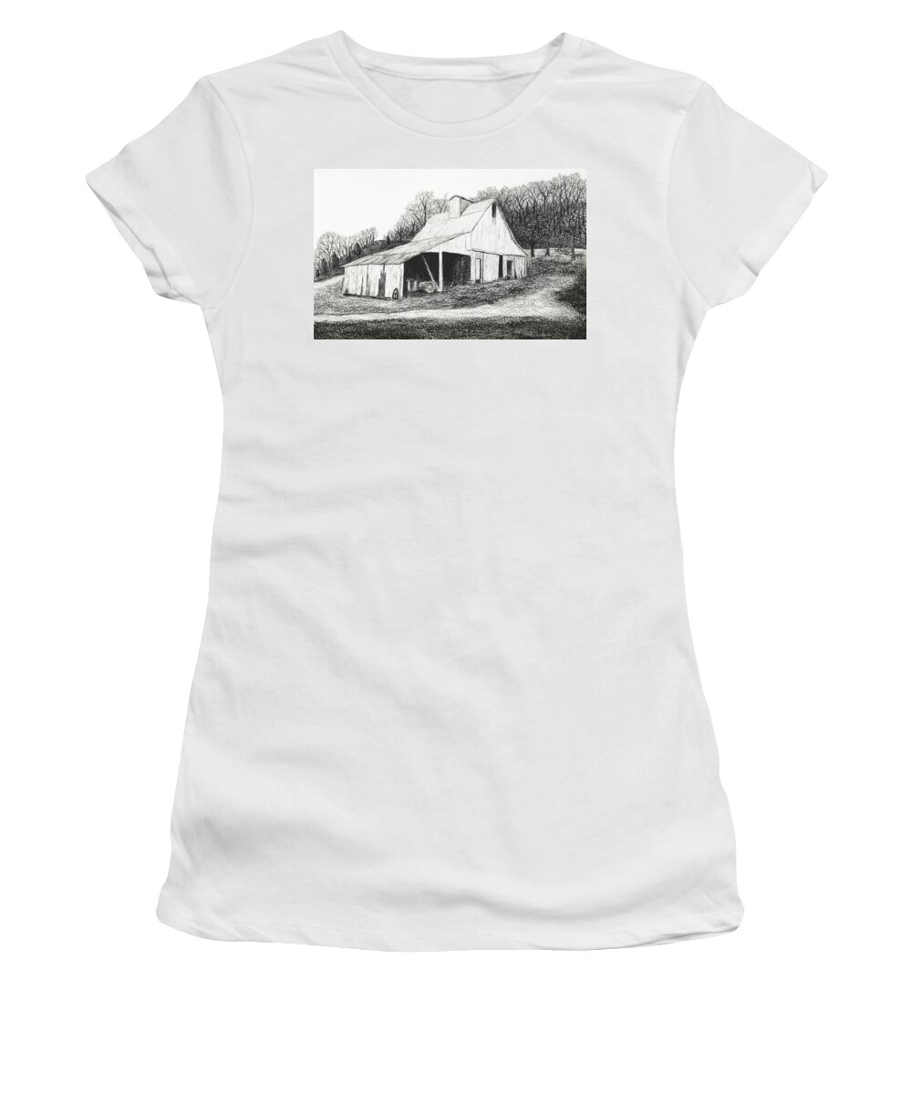 Barn Women's T-Shirt featuring the drawing White Barn on Bluff Road by Garry McMichael