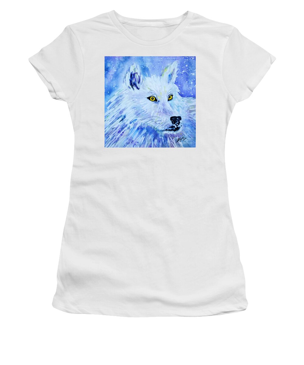 Aurora Women's T-Shirt featuring the painting White Wolf - Aurora Nights In Blues - Square by Ellen Levinson
