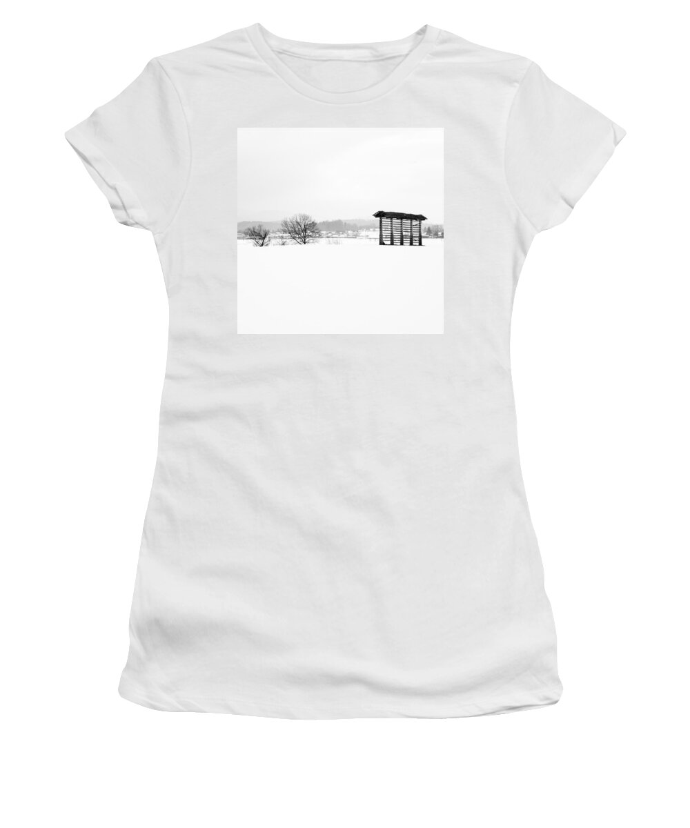Brnik Women's T-Shirt featuring the photograph Winter landscape in black and white by Ian Middleton