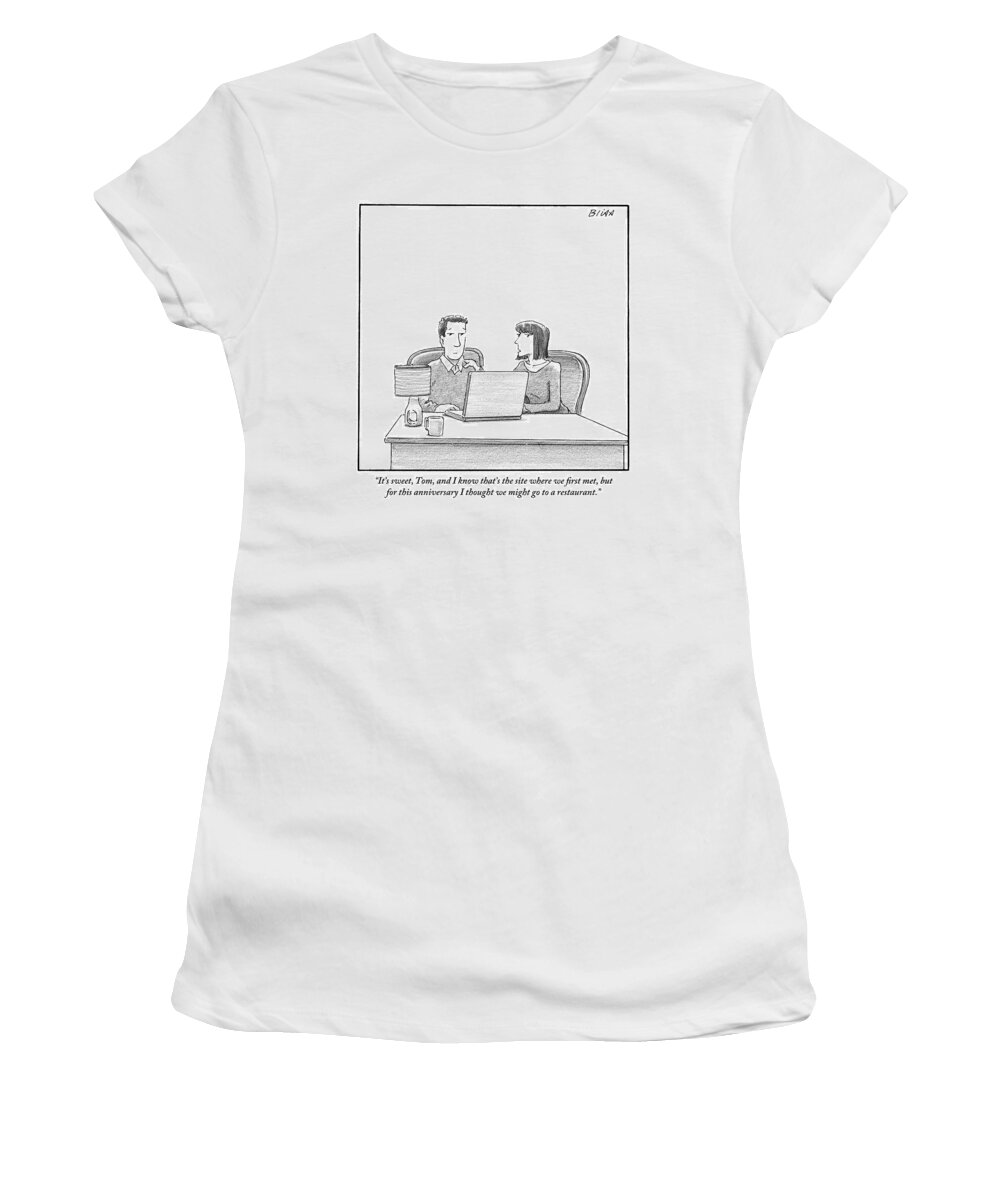 Internet Dating Women's T-Shirt featuring the drawing Woman Speaks To Husband As They Sit Behind A Desk by Harry Bliss