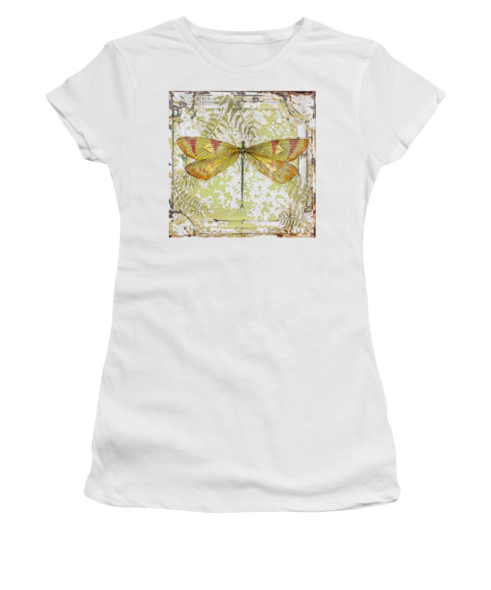 Acrylic Painting Women's T-Shirt featuring the painting Yellow Dragonfly on Vintage Tin by Jean Plout