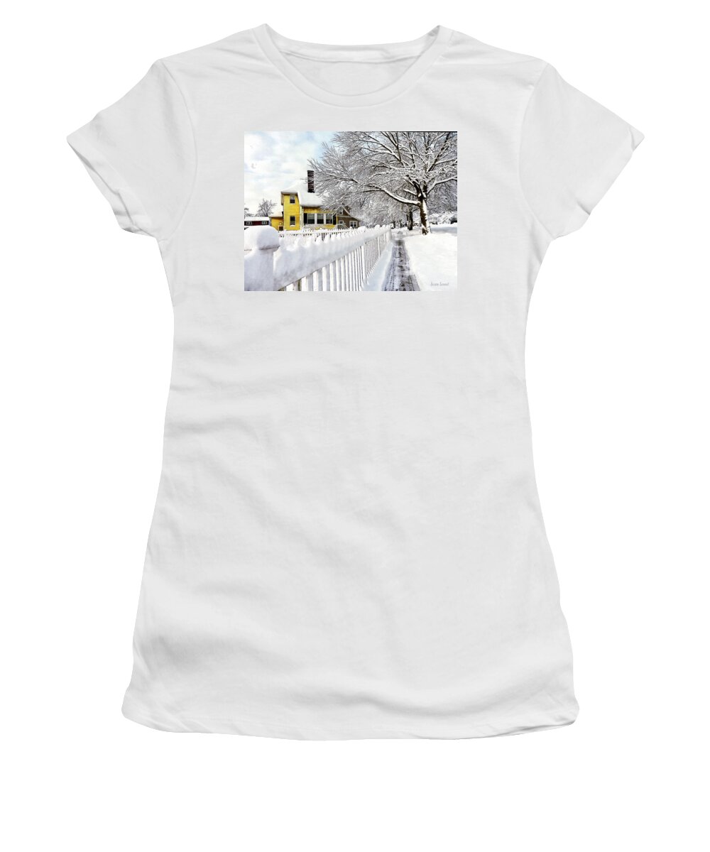 House Women's T-Shirt featuring the photograph Yellow House with Snow Covered Picket Fence by Susan Savad