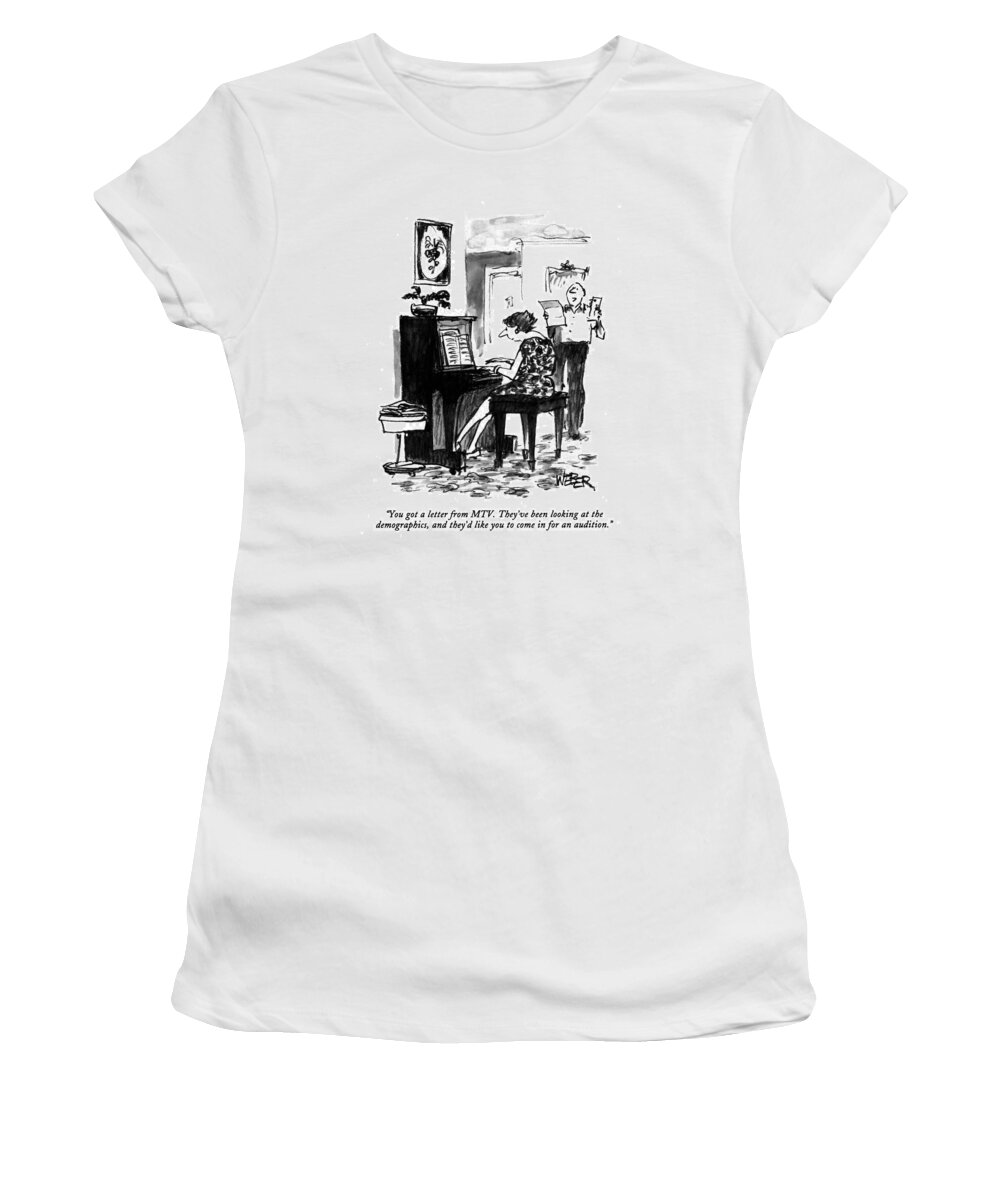 
(man Reads A Letter To His Wife Who Is Playing The Piano)
Entertainment Women's T-Shirt featuring the drawing You Got A Letter From Mtv. They've Been Looking by Robert Weber