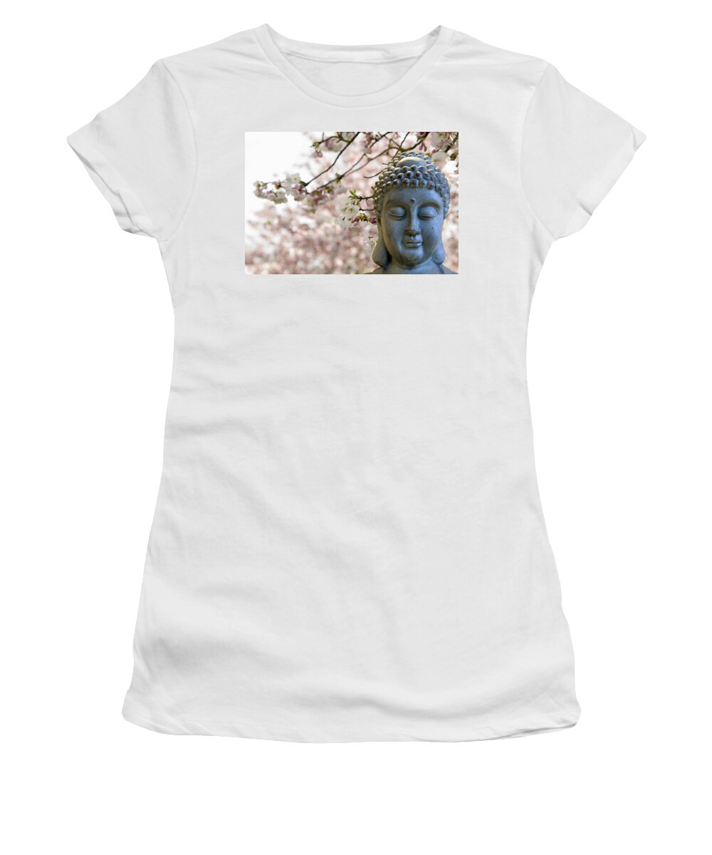 Buddha Women's T-Shirt featuring the photograph Zen Buddha Meditating Under Cherry Blossom Trees by David Gn