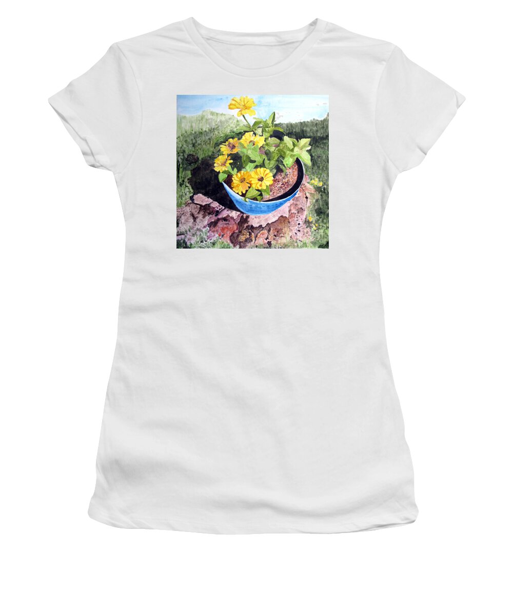 Zinnia Women's T-Shirt featuring the painting Zinnia on a Tree Stump by Sandy McIntire