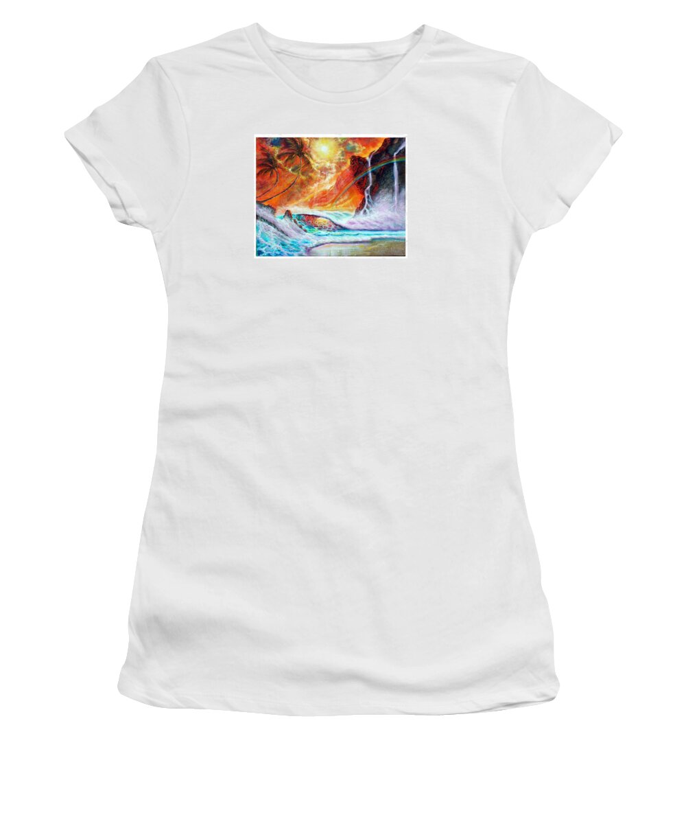 Hawaii Seascape Women's T-Shirt featuring the painting Hawaii Sunset #2 by Leland Castro