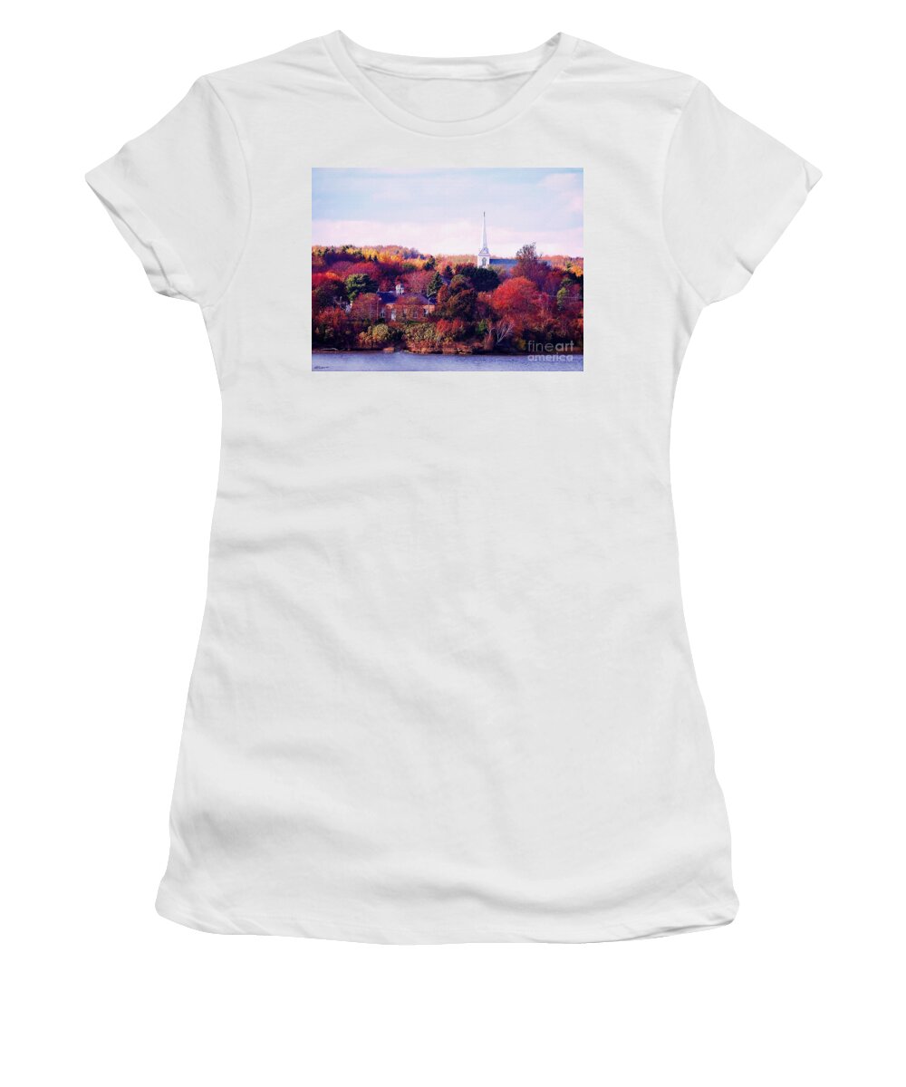 Autumn Women's T-Shirt featuring the photograph Autumn Church Across The River by Pat Davidson
