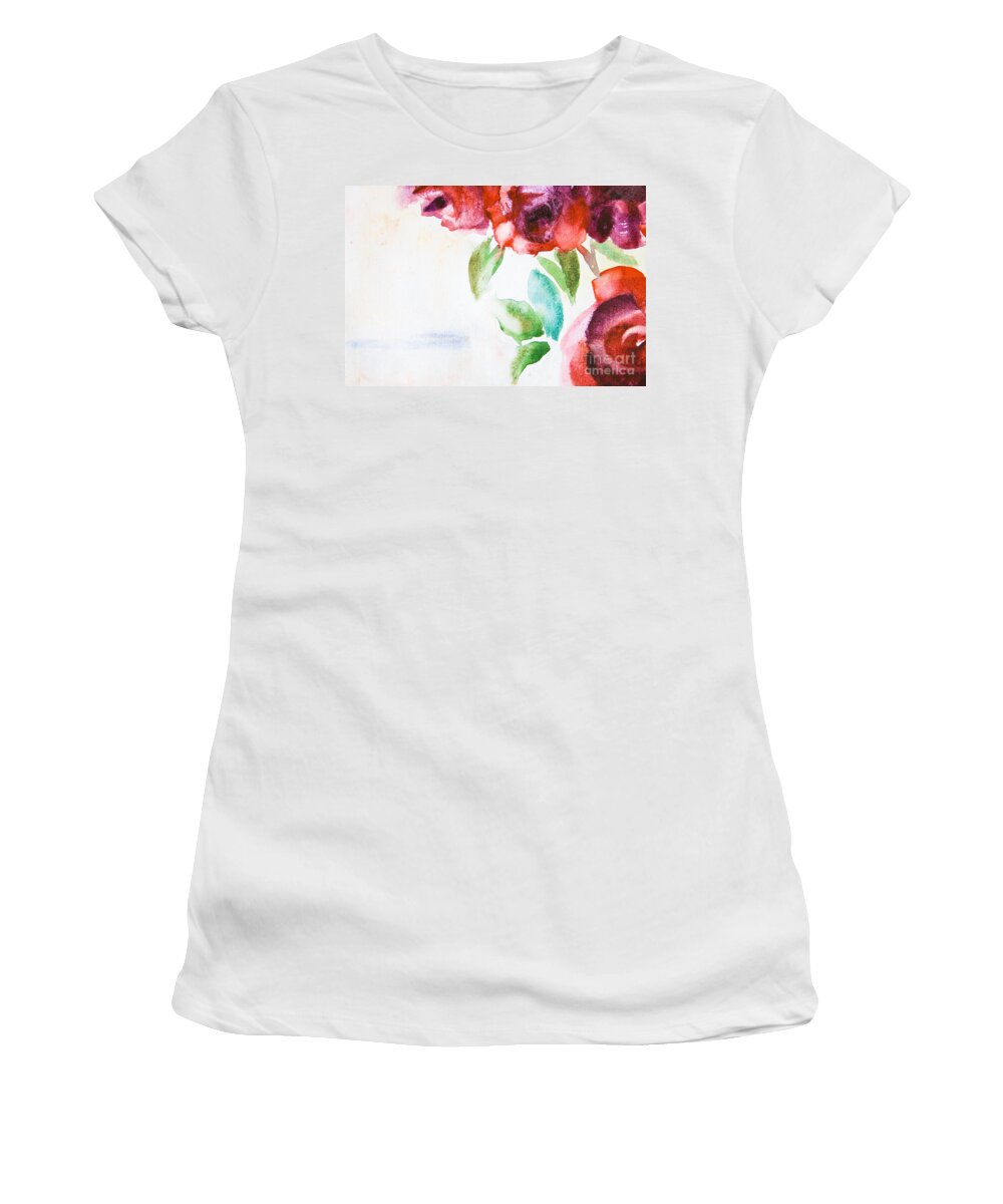 Backdrop Women's T-Shirt featuring the painting Background with rose flowers by Regina Jershova