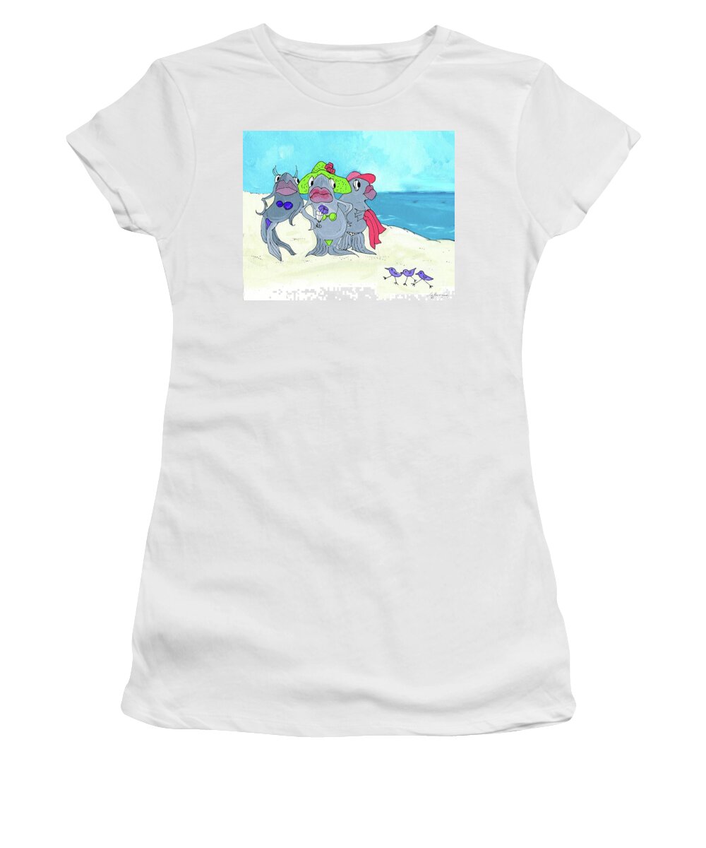 Fish Women's T-Shirt featuring the mixed media Beached Ladies by Lizi Beard-Ward