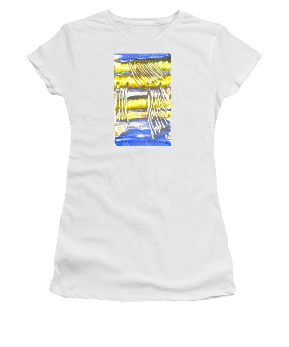 Blue Yellow Gold Abstract Expressionist Process Women's T-Shirt featuring the painting Beyond by Heather Hennick