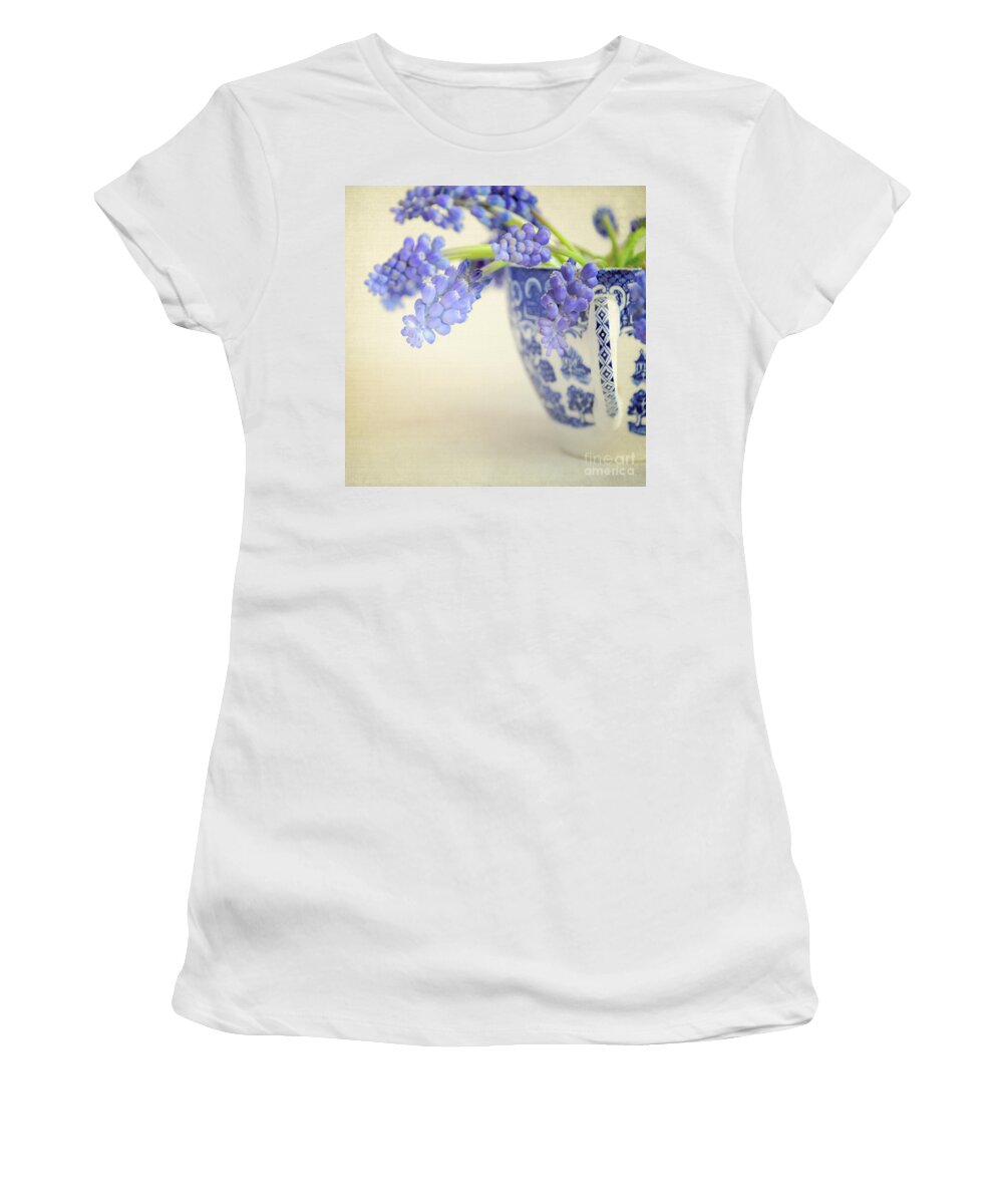 Muscari Women's T-Shirt featuring the photograph Blue Muscari flowers in blue and white china cup by Lyn Randle