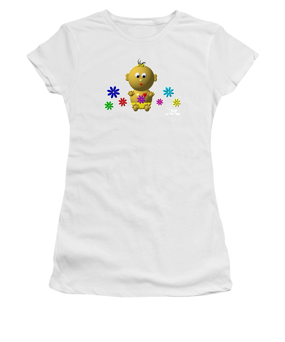 Girls Women's T-Shirt featuring the digital art Bouncing Baby Girl with 7 Flowers by Rose Santuci-Sofranko