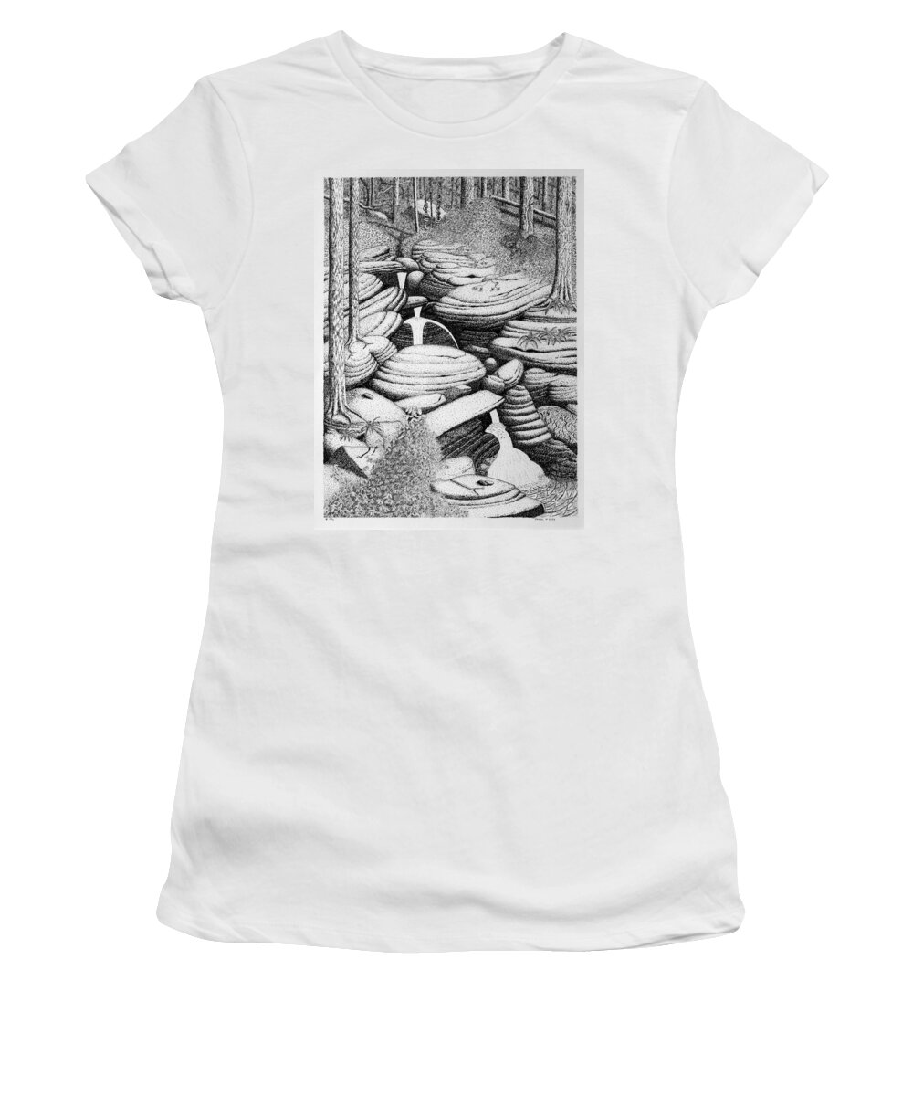 Nature Women's T-Shirt featuring the drawing Cascade In Boulders by Daniel Reed