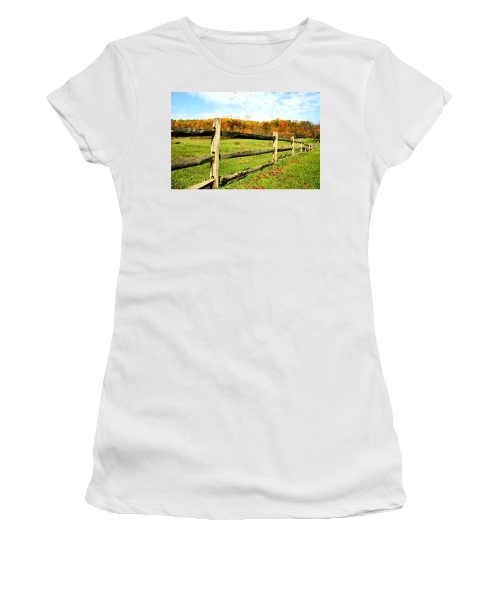 Fence Women's T-Shirt featuring the photograph Fenced Pasture in Autumn by Kristin Elmquist