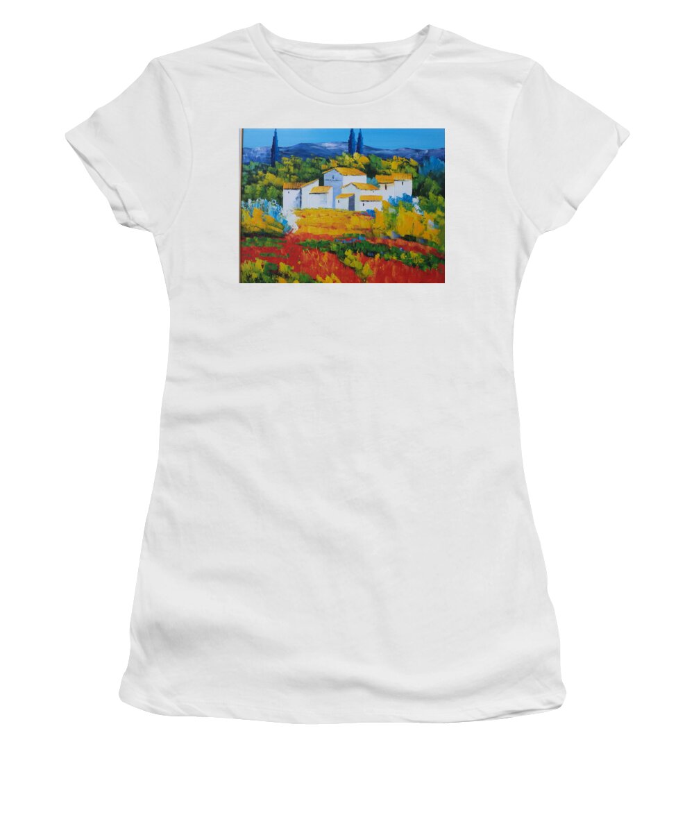 Landscape Women's T-Shirt featuring the painting Hilltop village by Rosie Sherman