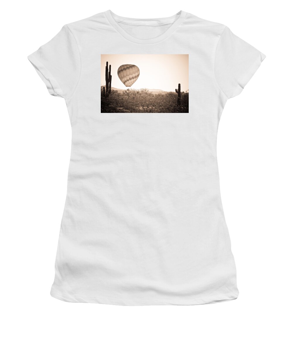 Arizona Women's T-Shirt featuring the photograph Hot Air Balloon On the Arizona Sonoran Desert In BW by James BO Insogna