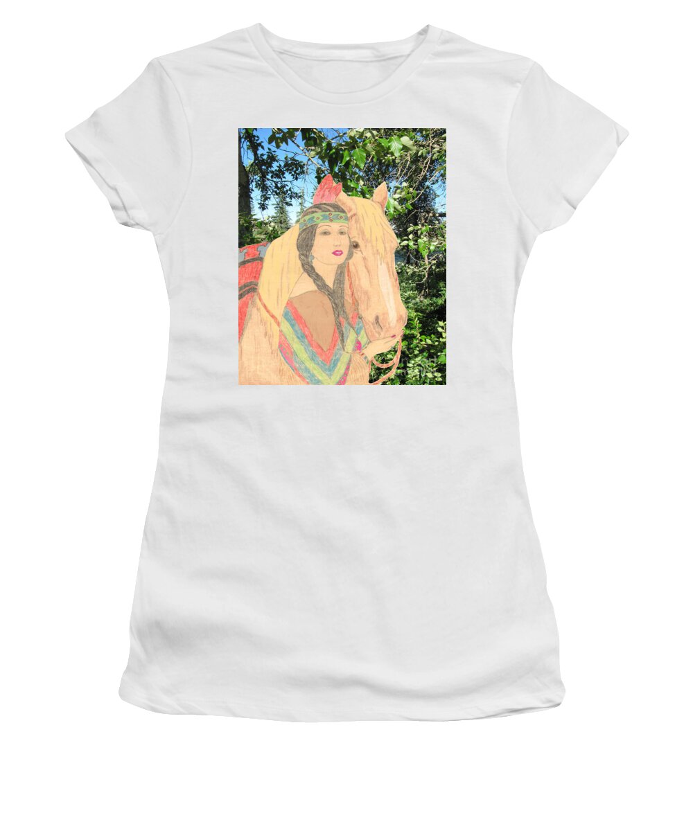 Portrait Women's T-Shirt featuring the drawing Indian Princess and Horse by Donna L Munro
