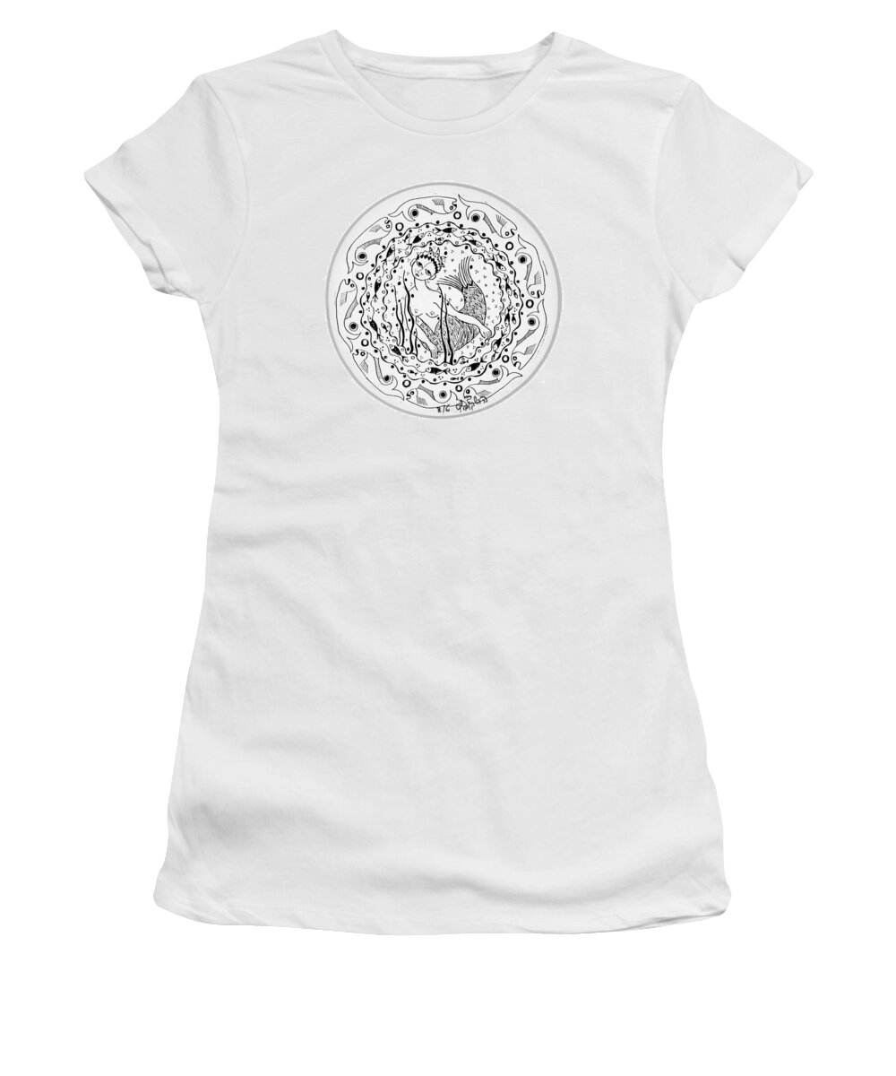 Mermaid Women's T-Shirt featuring the drawing Mermaid in black and white round circle with water fish tail face hands by Rachel Hershkovitz