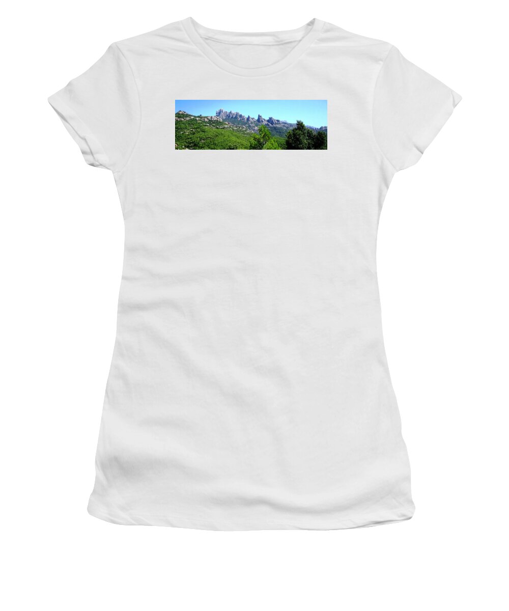 Montserrat Women's T-Shirt featuring the photograph Montserrat Mountain Range Panoramic View Near Barcelona Spain by John Shiron