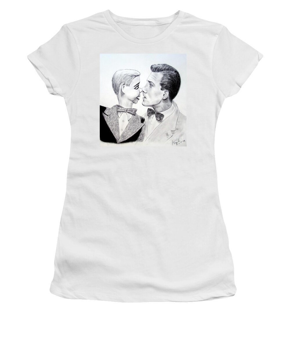 Paul Winchell Women's T-Shirt featuring the drawing Paul Winchell and Ventriloquist Dummy Jerry Mahoney by Jim Fitzpatrick