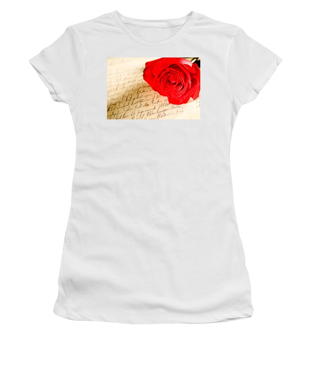 Alliance Women's T-Shirt featuring the photograph Red rose over a hand written letter by U Schade