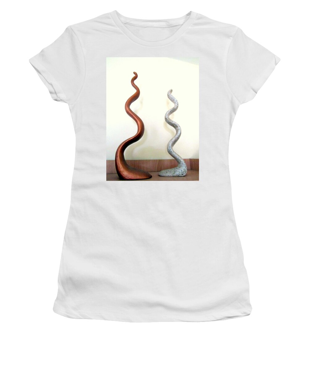 Serpants Women's T-Shirt featuring the sculpture Serpants Duo pair of abstract snake like sculptures in brown and spotted white dancing upwards by Rachel Hershkovitz