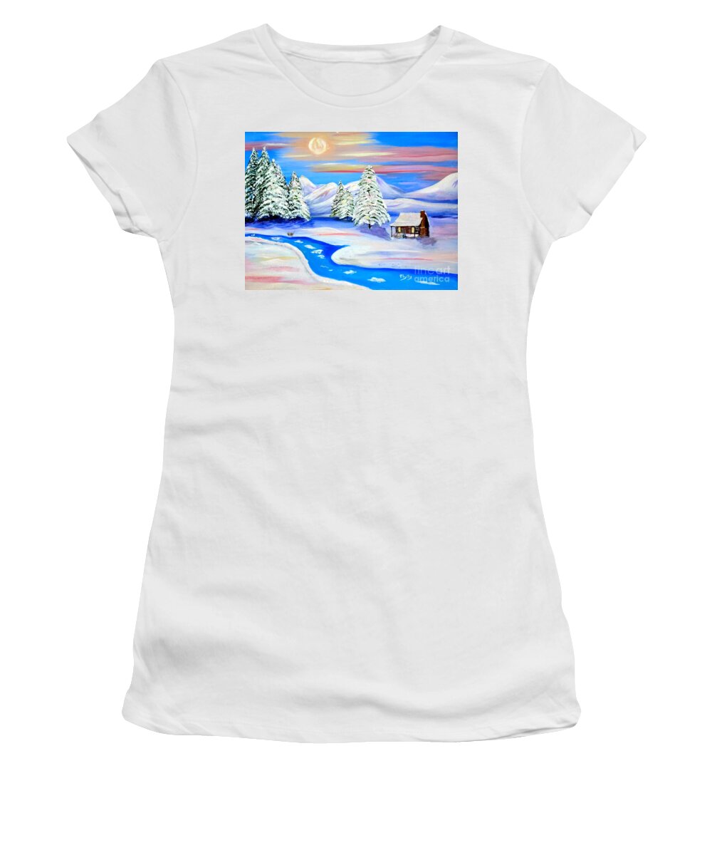 Sun Setting Cabin In The Snow Women's T-Shirt featuring the painting Sparkling Winter by Phyllis Kaltenbach