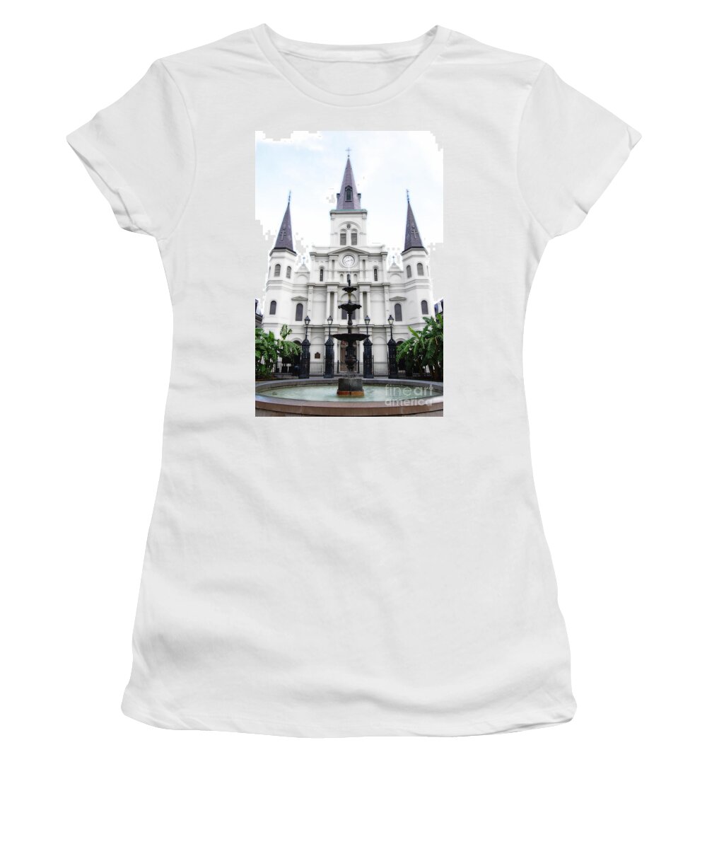 Jackson Square Women's T-Shirt featuring the digital art St Louis Cathedral and Fountain Jackson Square French Quarter New Orleans Diffuse Glow Digital Art by Shawn O'Brien