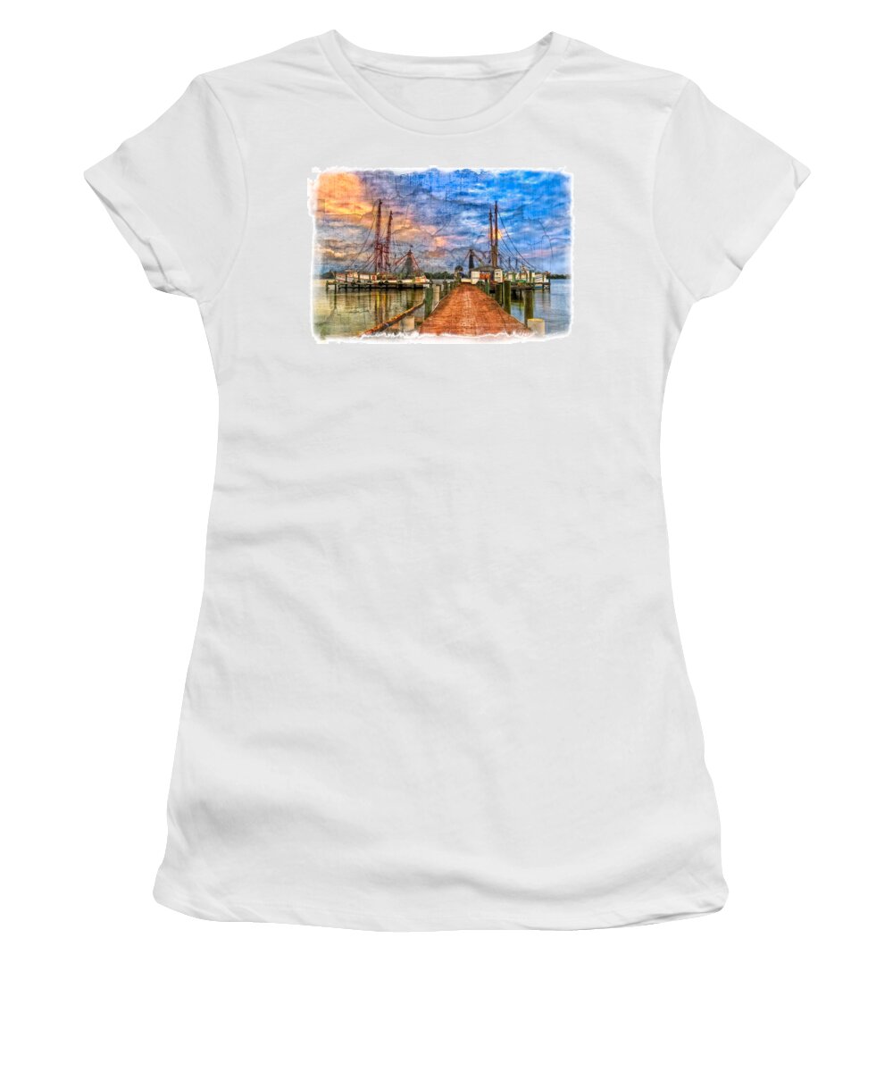 Boats Women's T-Shirt featuring the photograph Sunset Shrimping II by Debra and Dave Vanderlaan