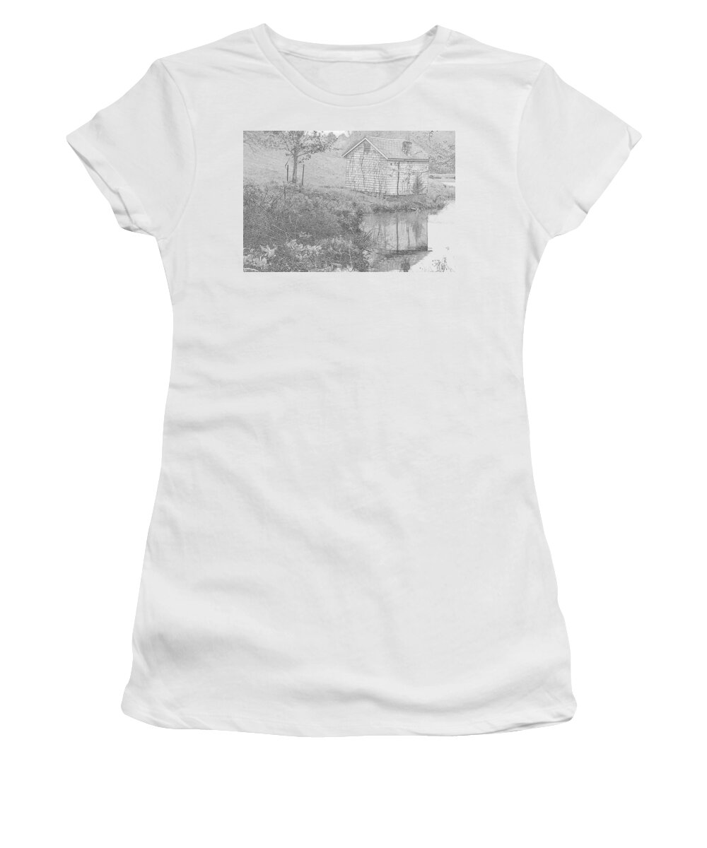 Well House Women's T-Shirt featuring the photograph Well House Pencil Sketch by Kim Galluzzo