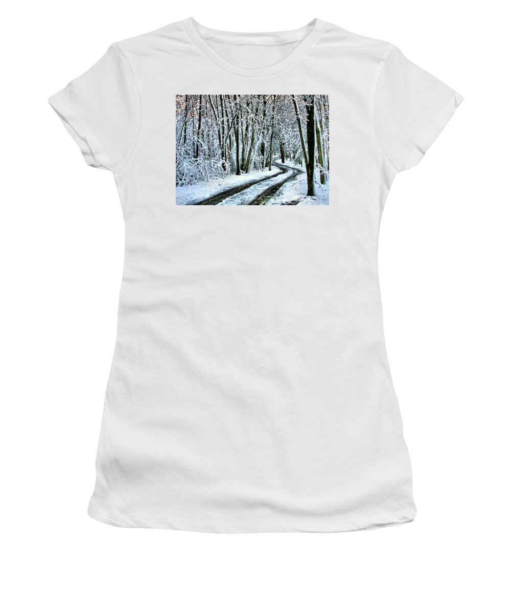 Snow Women's T-Shirt featuring the photograph Wending One's Way by Kristin Elmquist