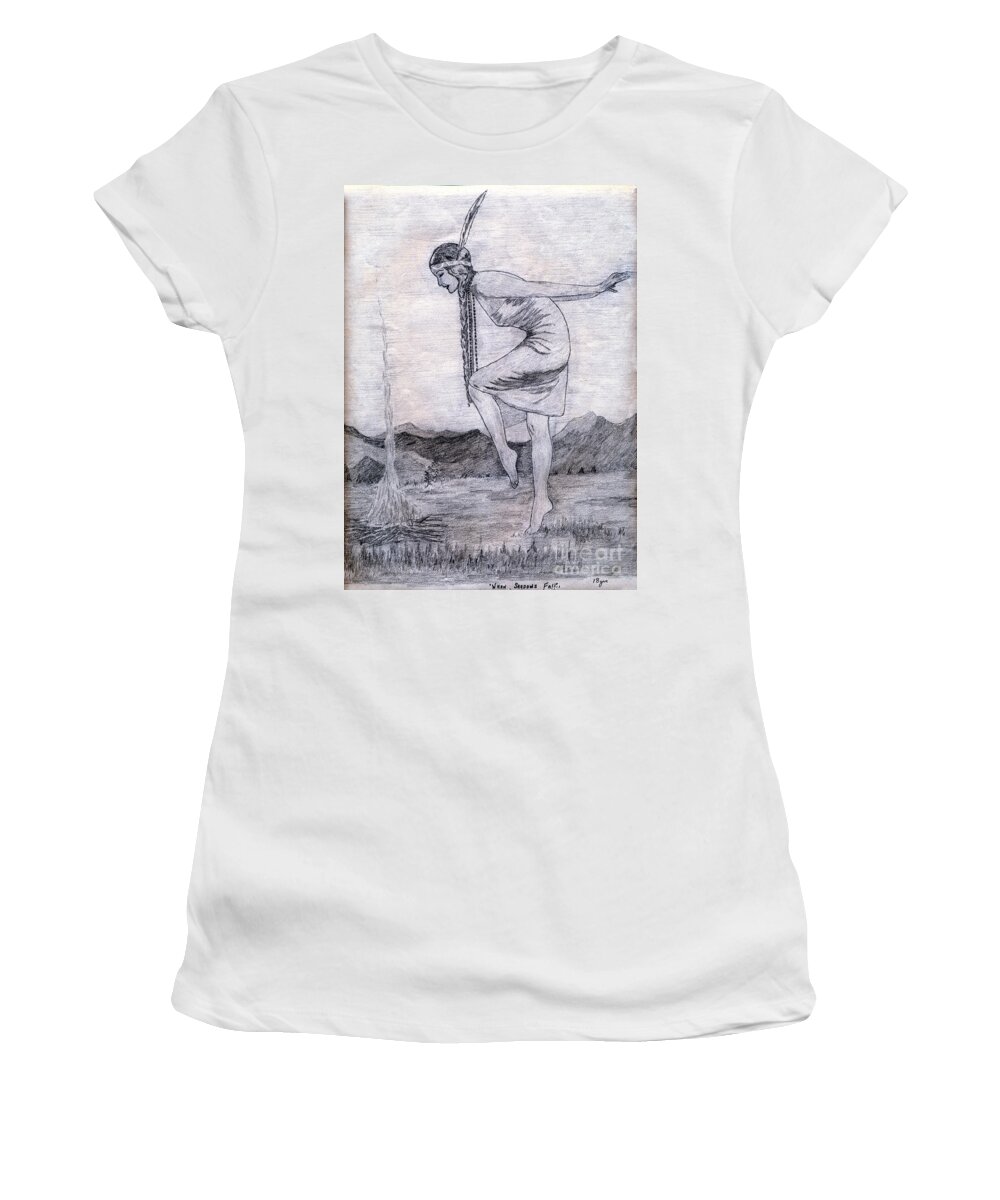 Indian Princess Women's T-Shirt featuring the drawing When Shadows Fall by Donna L Munro