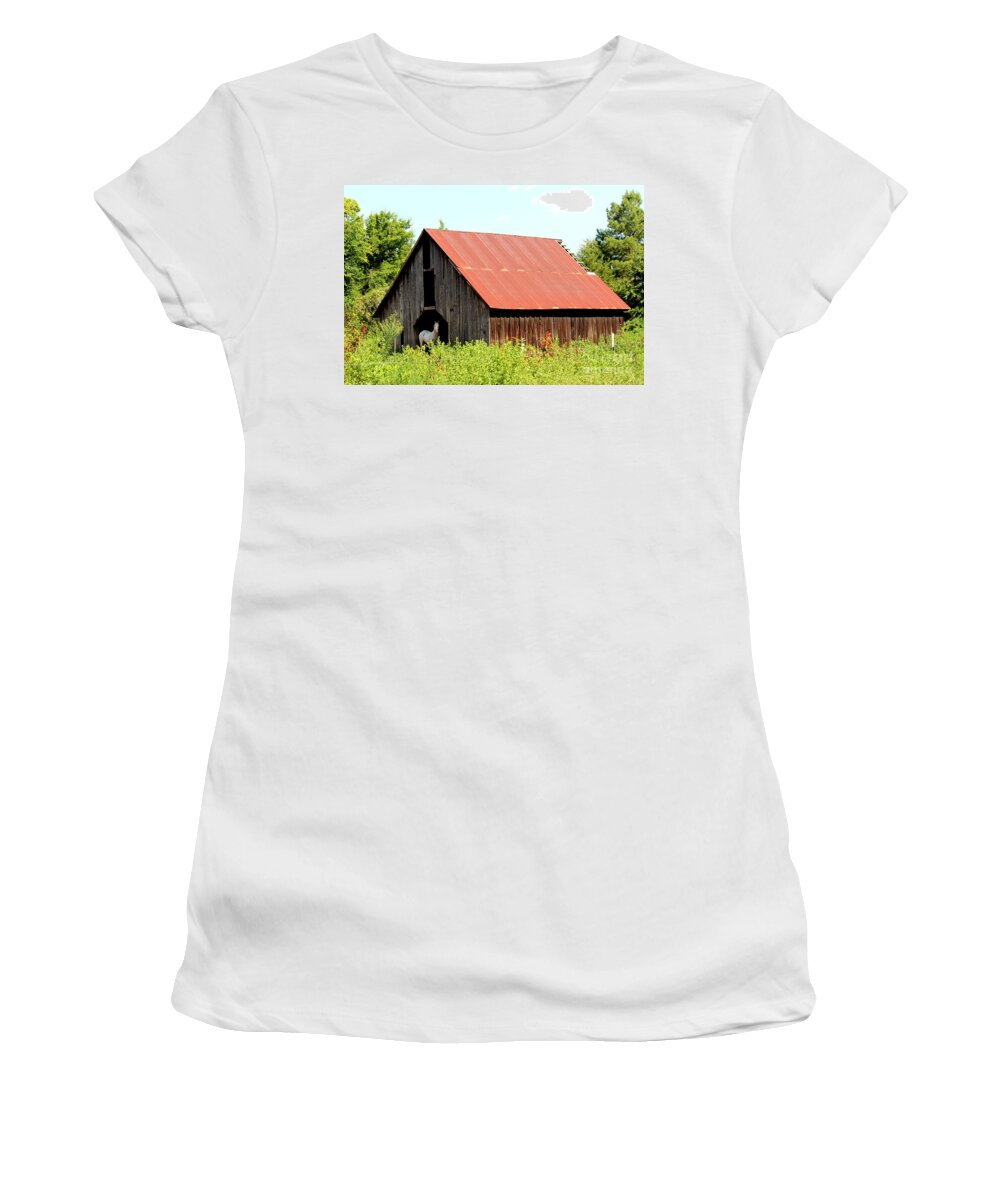 Rustic Building Women's T-Shirt featuring the photograph White Horse Waiting by Kathy White