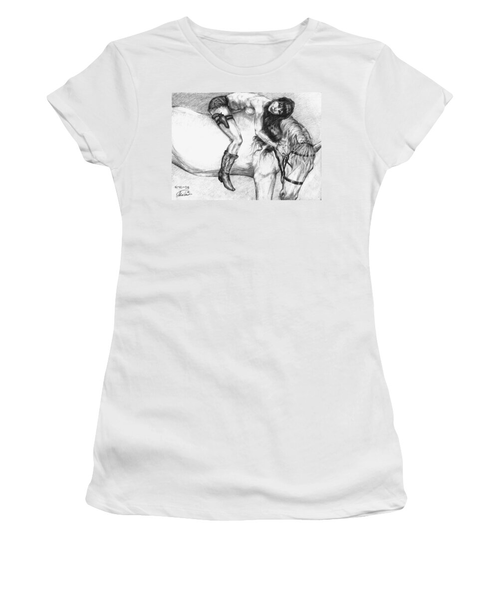 Cowgirl Women's T-Shirt featuring the drawing Cowgirl riding a hourse by Alban Dizdari
