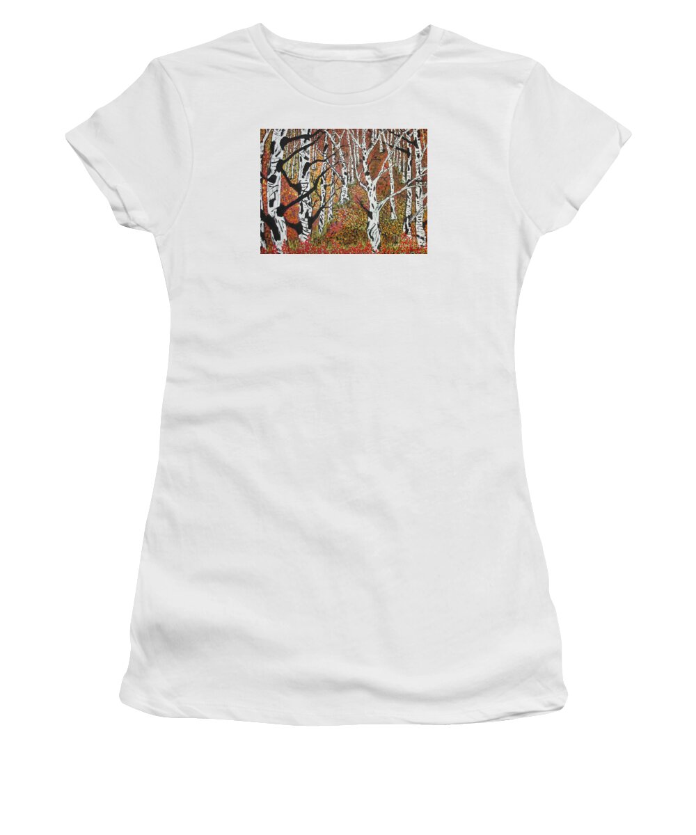 Whitebirch Women's T-Shirt featuring the painting Whitebirch Forest by Jeffrey Koss