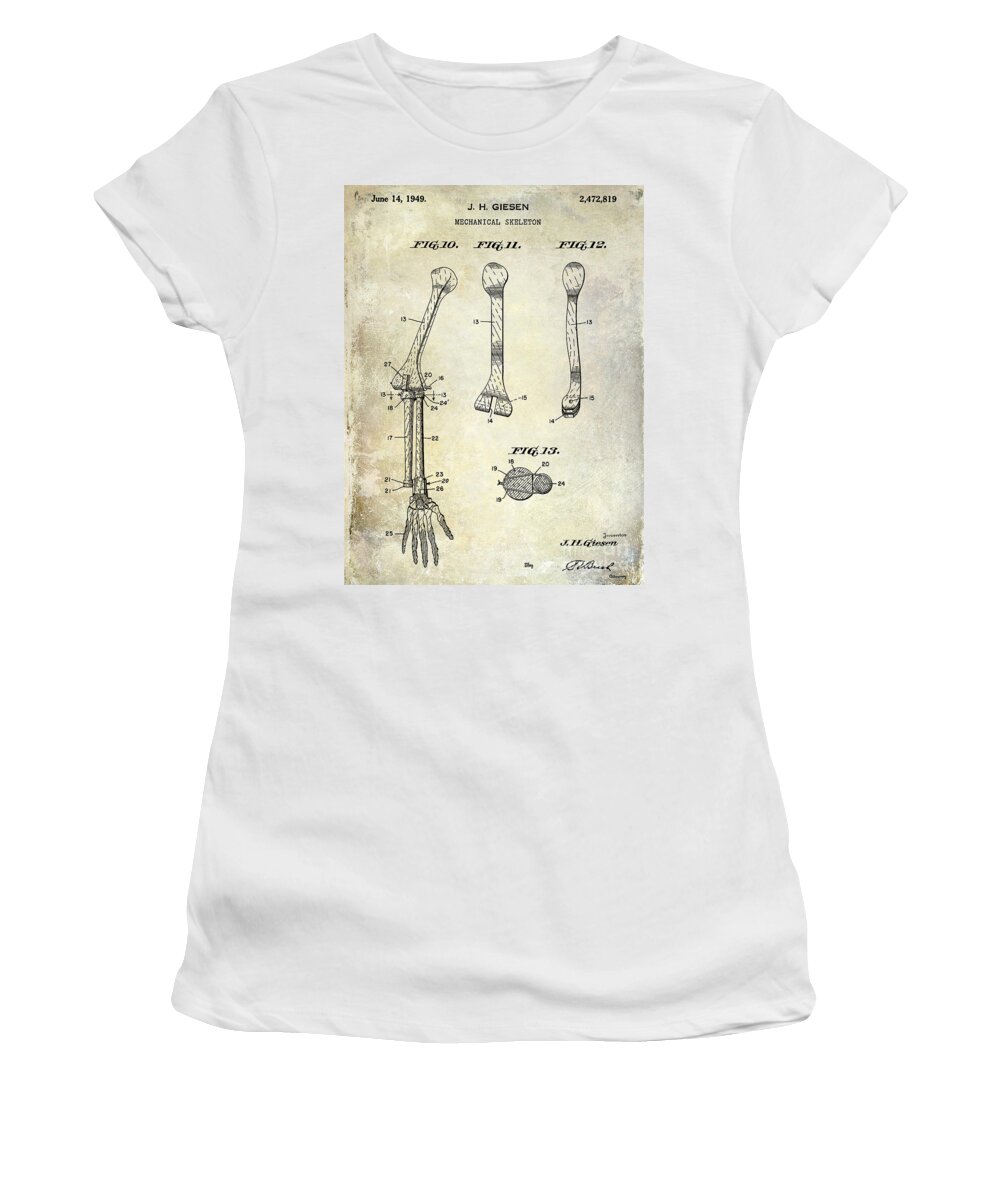 Skeleton Women's T-Shirt featuring the photograph 1911 Mechanical Skeleton Patent by Jon Neidert