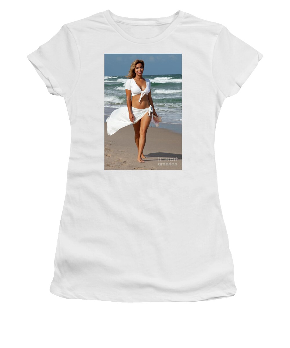 Woman Women's T-Shirt featuring the photograph Beautiful woman walking on beach #1 by Anthony Totah