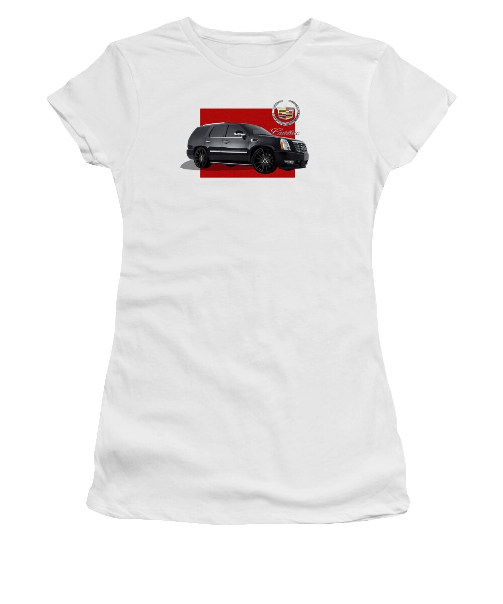 cadillac By Serge Averbukh Women's T-Shirt featuring the photograph Cadillac Escalade with 3 D Badge #1 by Serge Averbukh
