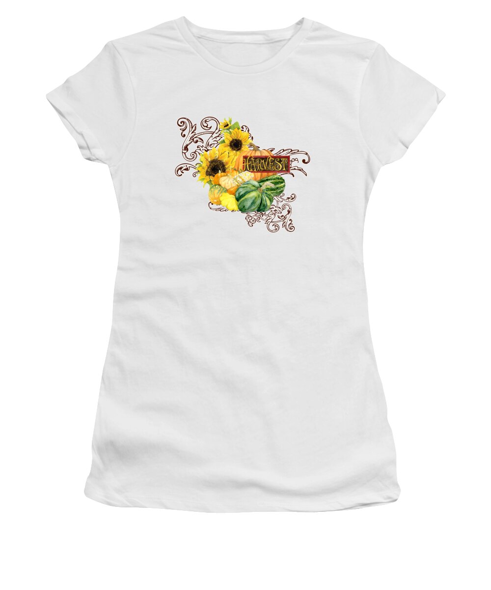 Harvest Women's T-Shirt featuring the painting Celebrate Abundance - Harvest Fall Pumpkins Squash n Sunflowers by Audrey Jeanne Roberts