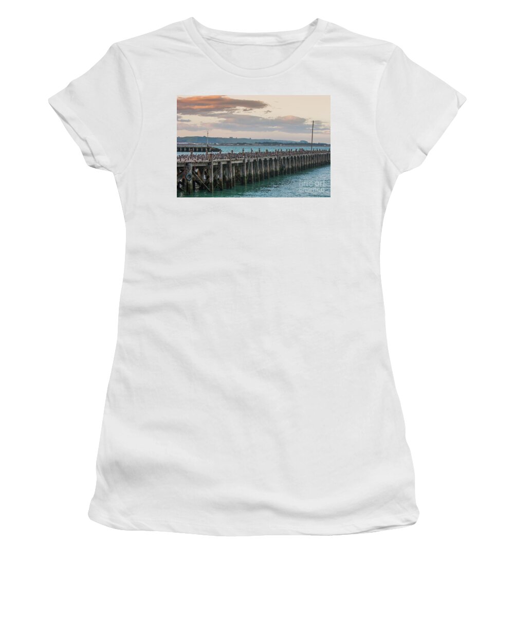 Abundance Women's T-Shirt featuring the photograph Cormorants on a wooden jetty by Patricia Hofmeester