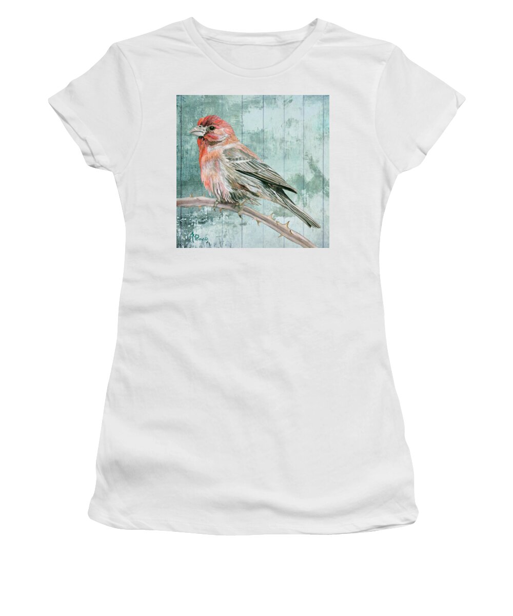 Finch Women's T-Shirt featuring the painting House Finch by Angeles M Pomata