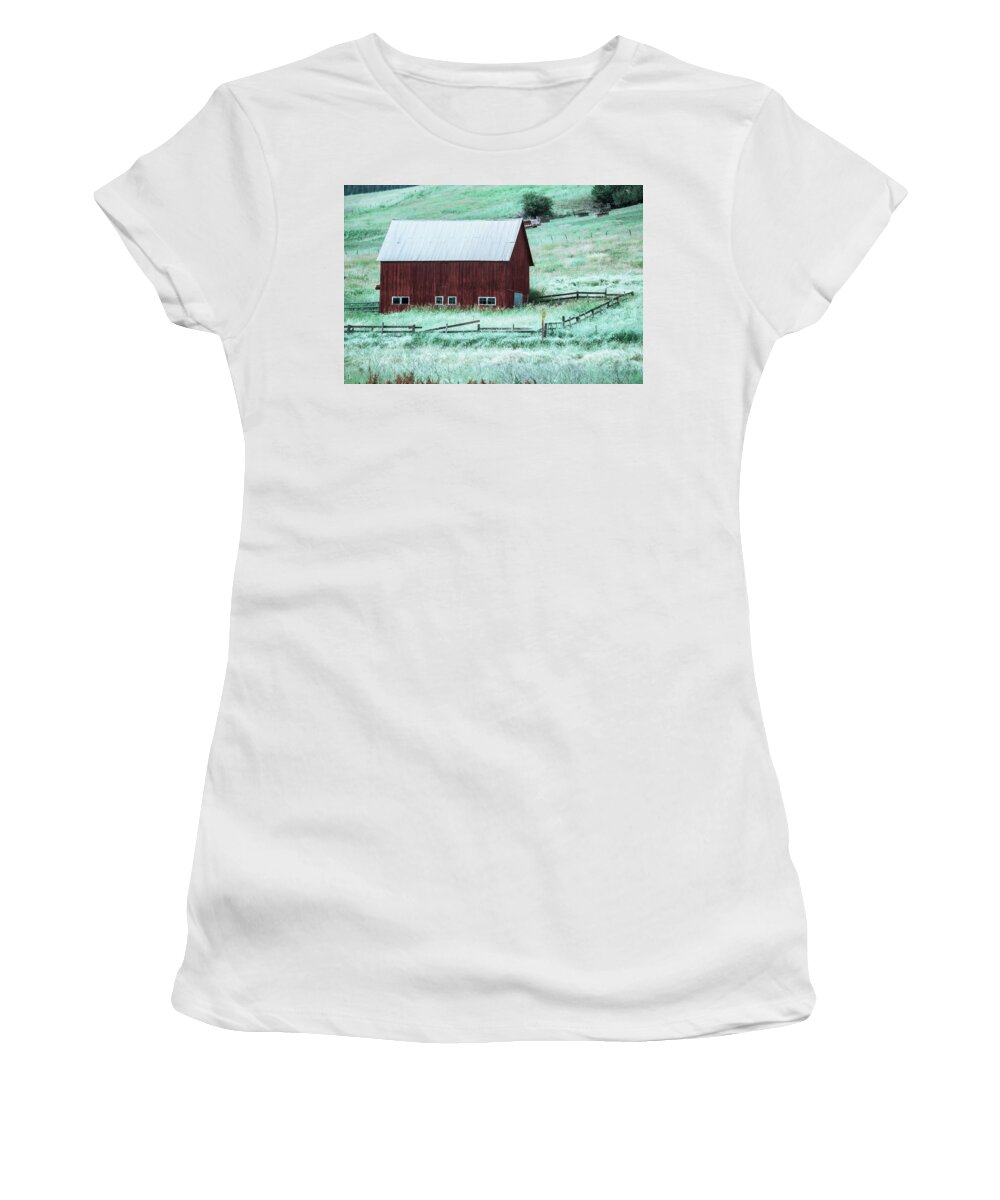 Red Women's T-Shirt featuring the photograph landscape with a red barn in rural Montana and Rocky Mountains #1 by Alex Grichenko