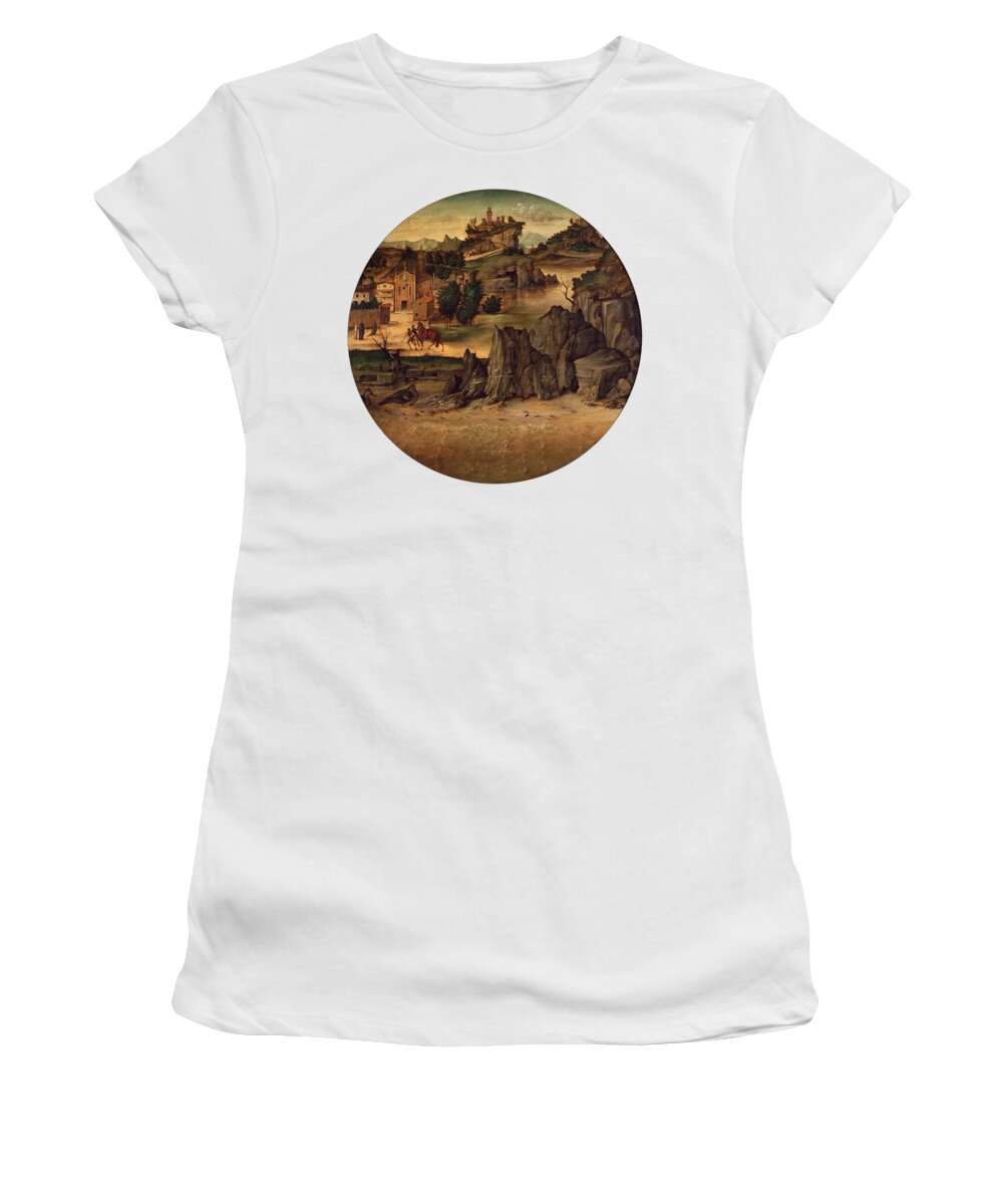 Bartolomeo Montagna Women's T-Shirt featuring the painting Landscape With Castles #1 by Bartolomeo Montagna