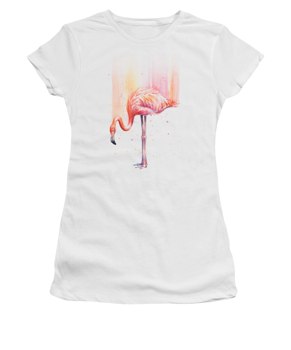Flamingo Women's T-Shirt featuring the painting Pink Flamingo Watercolor Rain by Olga Shvartsur