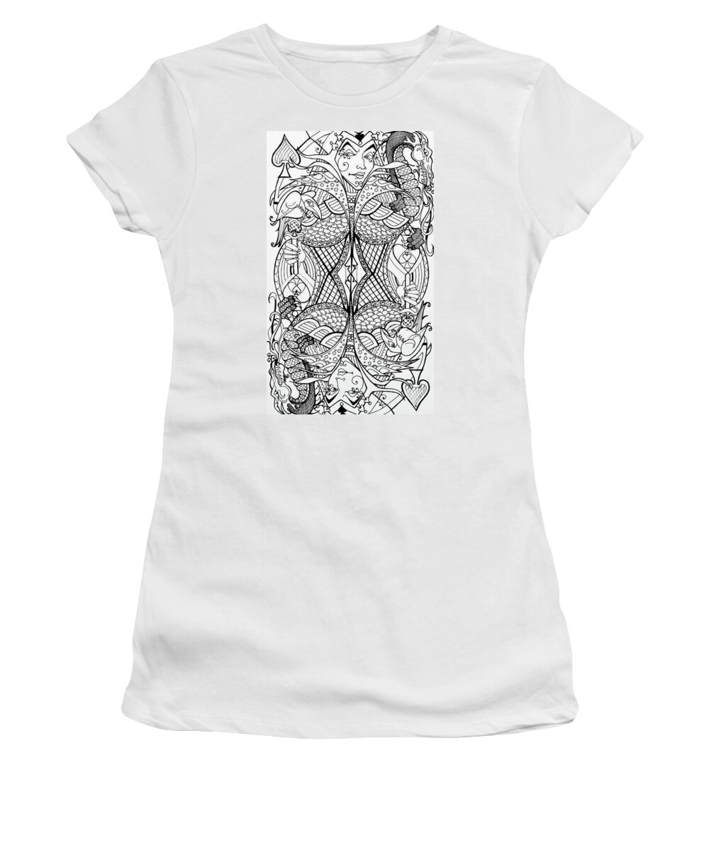Queen Of Spades Women's T-Shirt featuring the drawing Queen Of Spades 2 by Jani Freimann