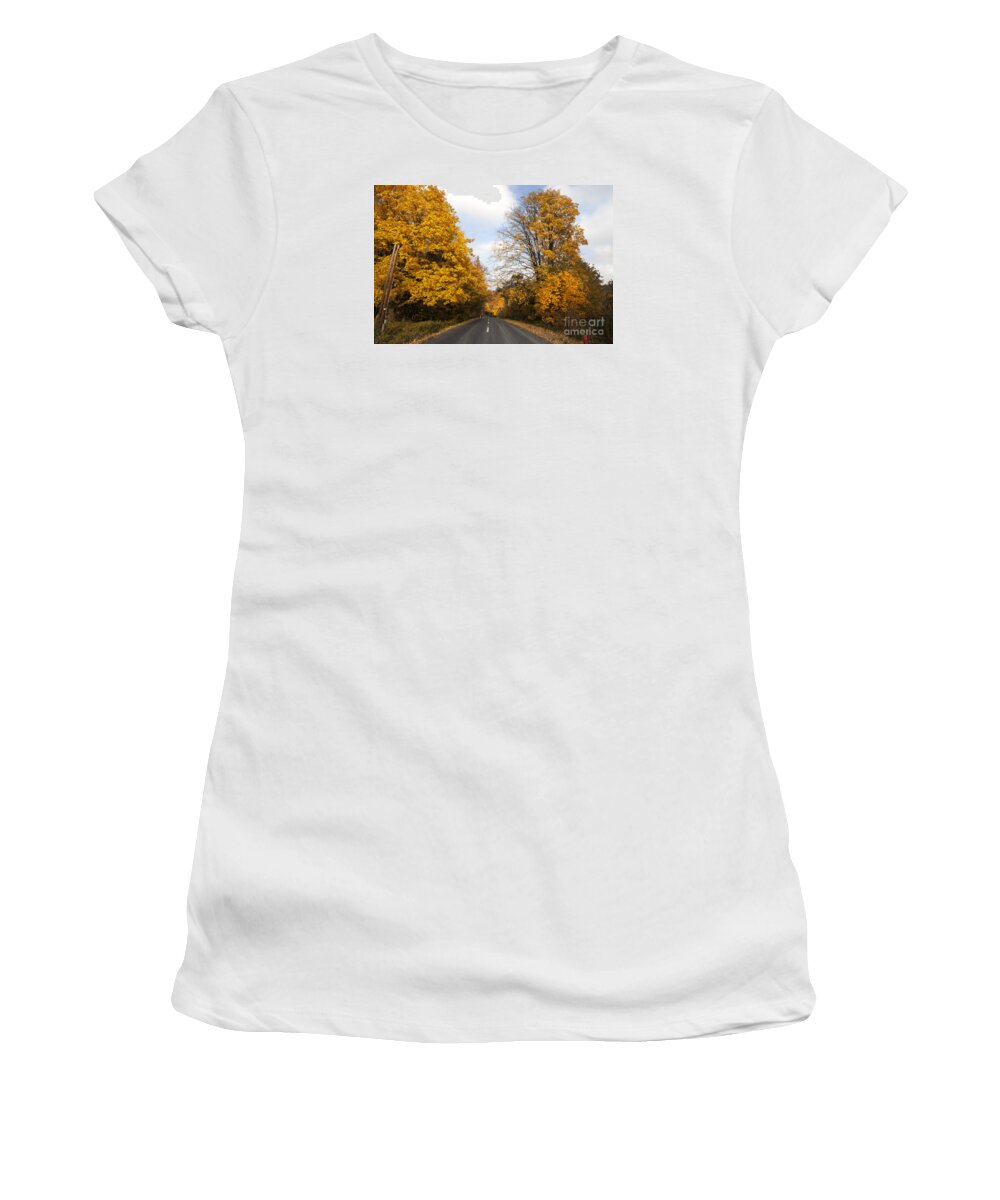 Asphalt Women's T-Shirt featuring the photograph Road In Autumn Forest #1 by Michal Boubin