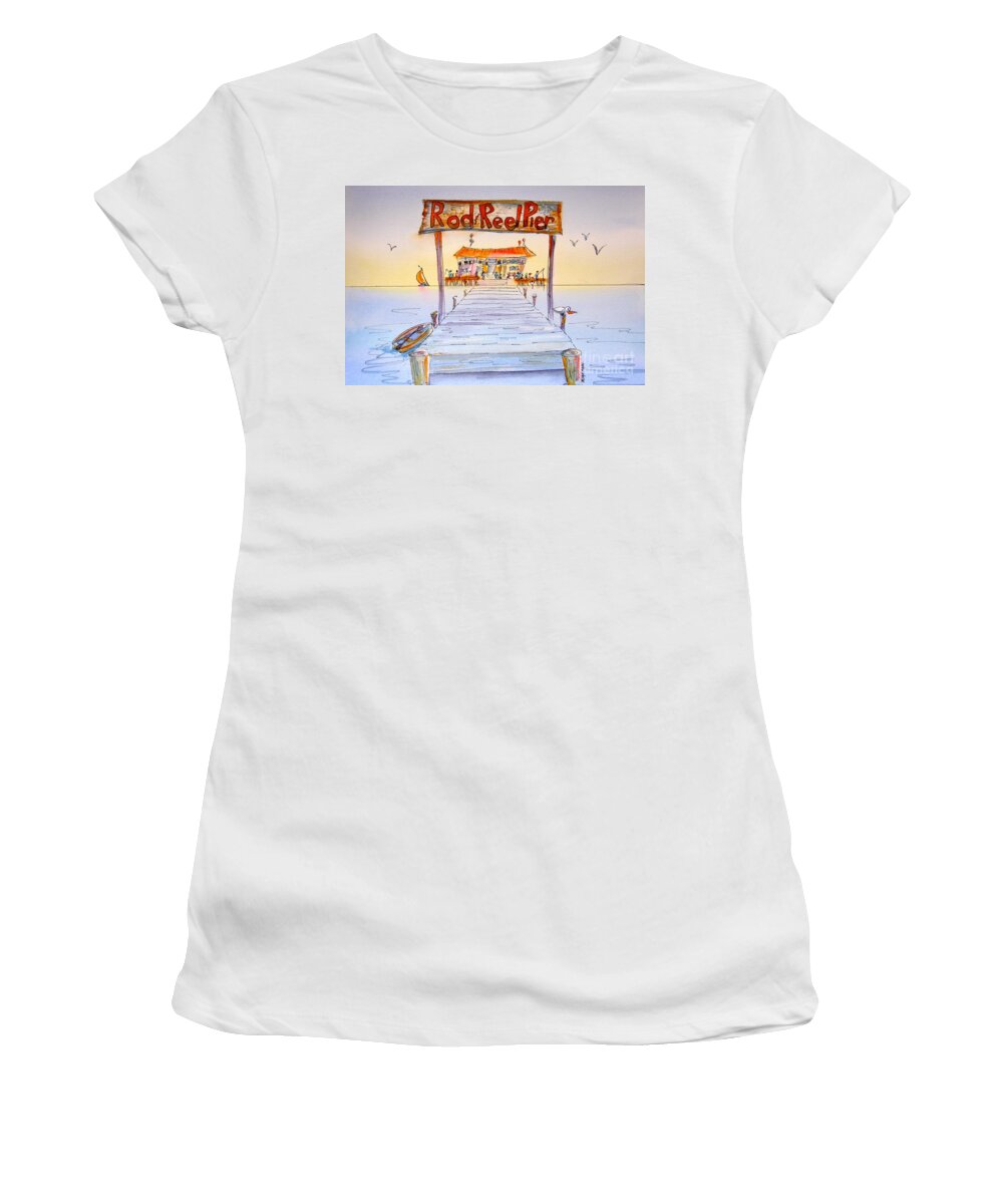 Florida Women's T-Shirt featuring the painting Rod and Reel Pier by Midge Pippel