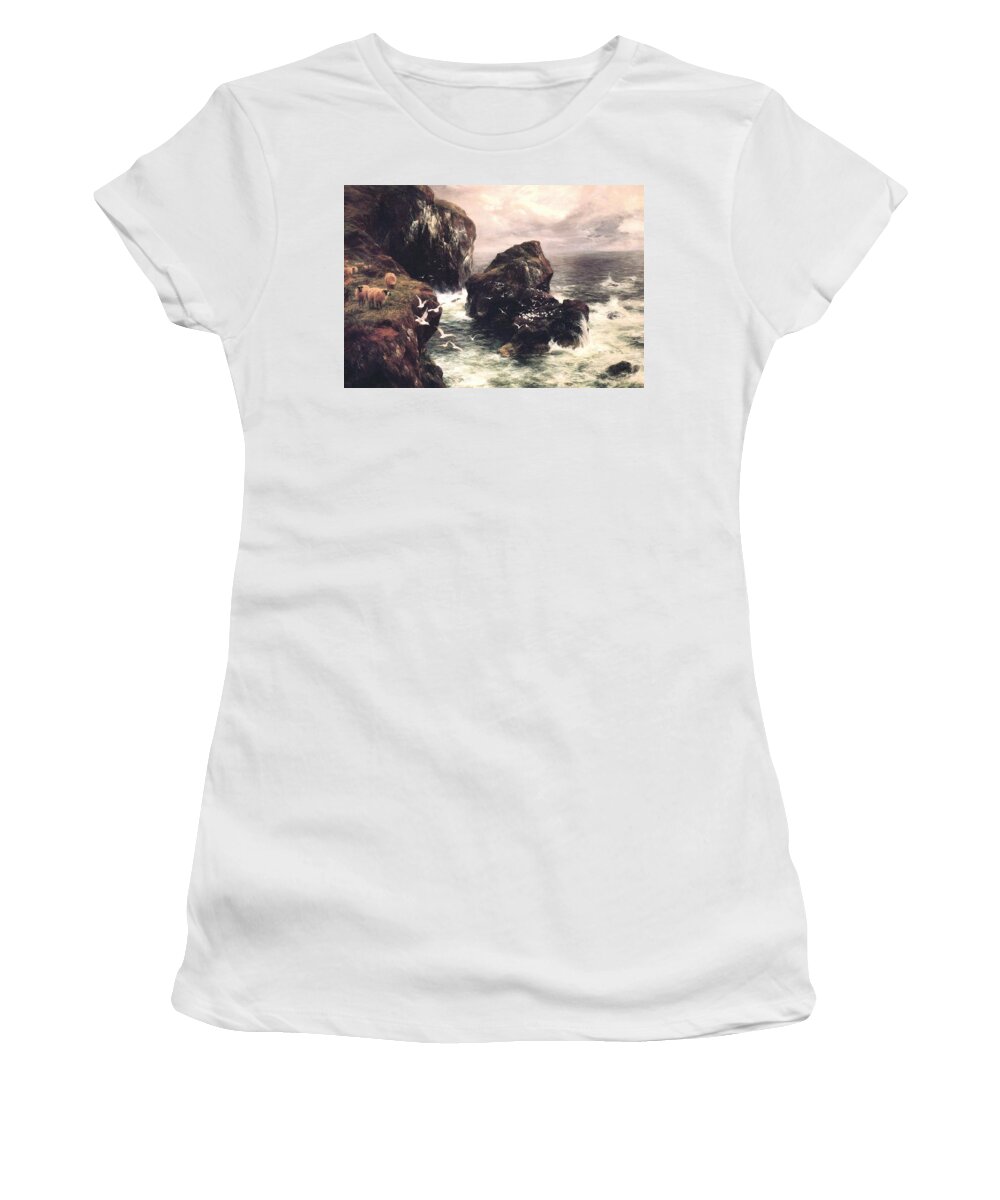 Peter Graham - The Grass Crown Headland Of A Rocky Shore Women's T-Shirt featuring the painting The Grass Crown Headland of a Rocky Shore by MotionAge Designs